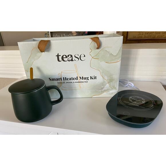 NEW Green Tease Smart Heated Covered Mug Tea Warming Set w/ Gold Spoon Gift - Picture 1 of 8